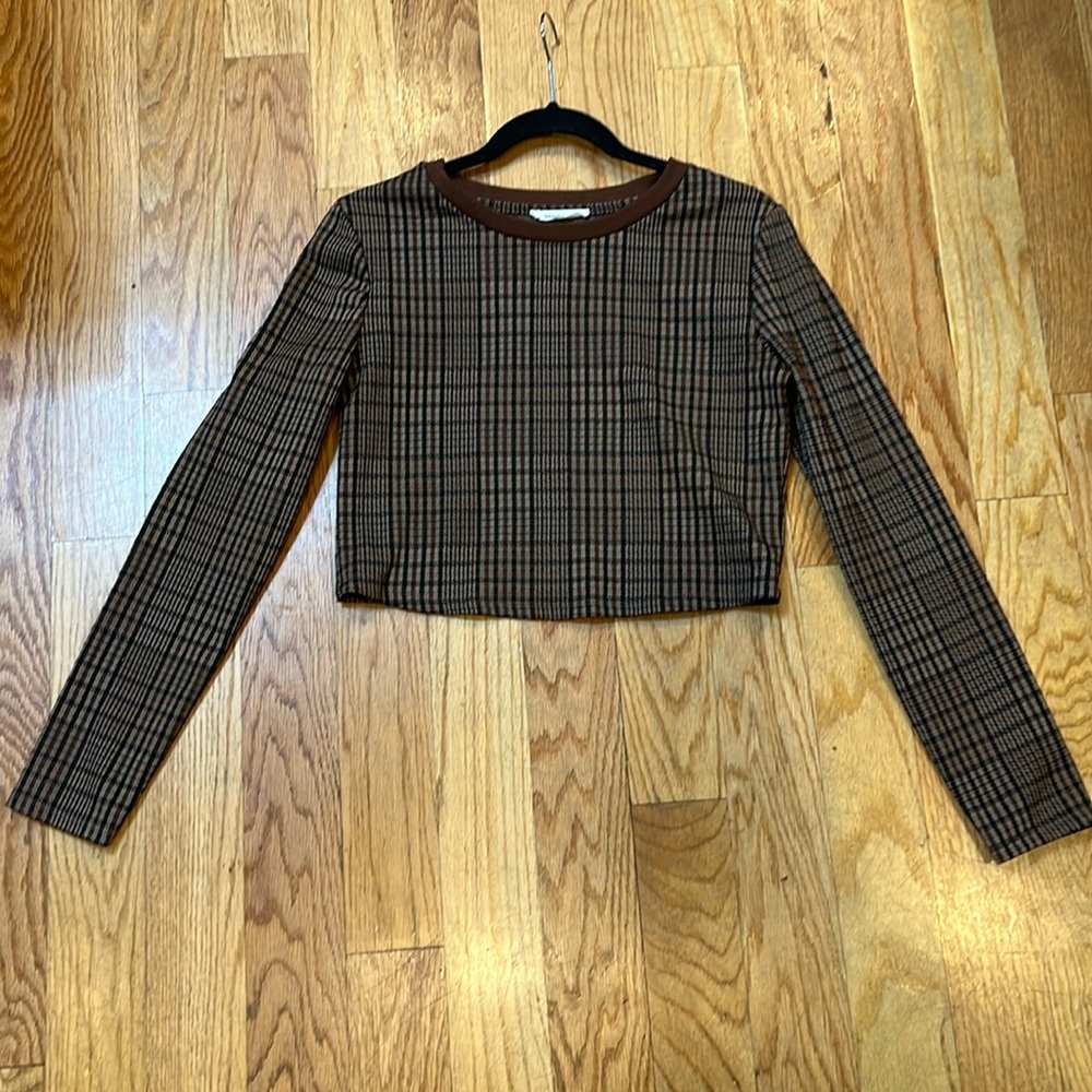 Women’s Crewneck Sweater Brown Checkered Pattern